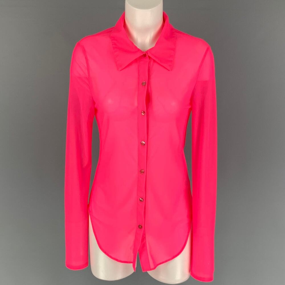 PRISCAVera Size L Pink Nylon See Through Button Up Shirt